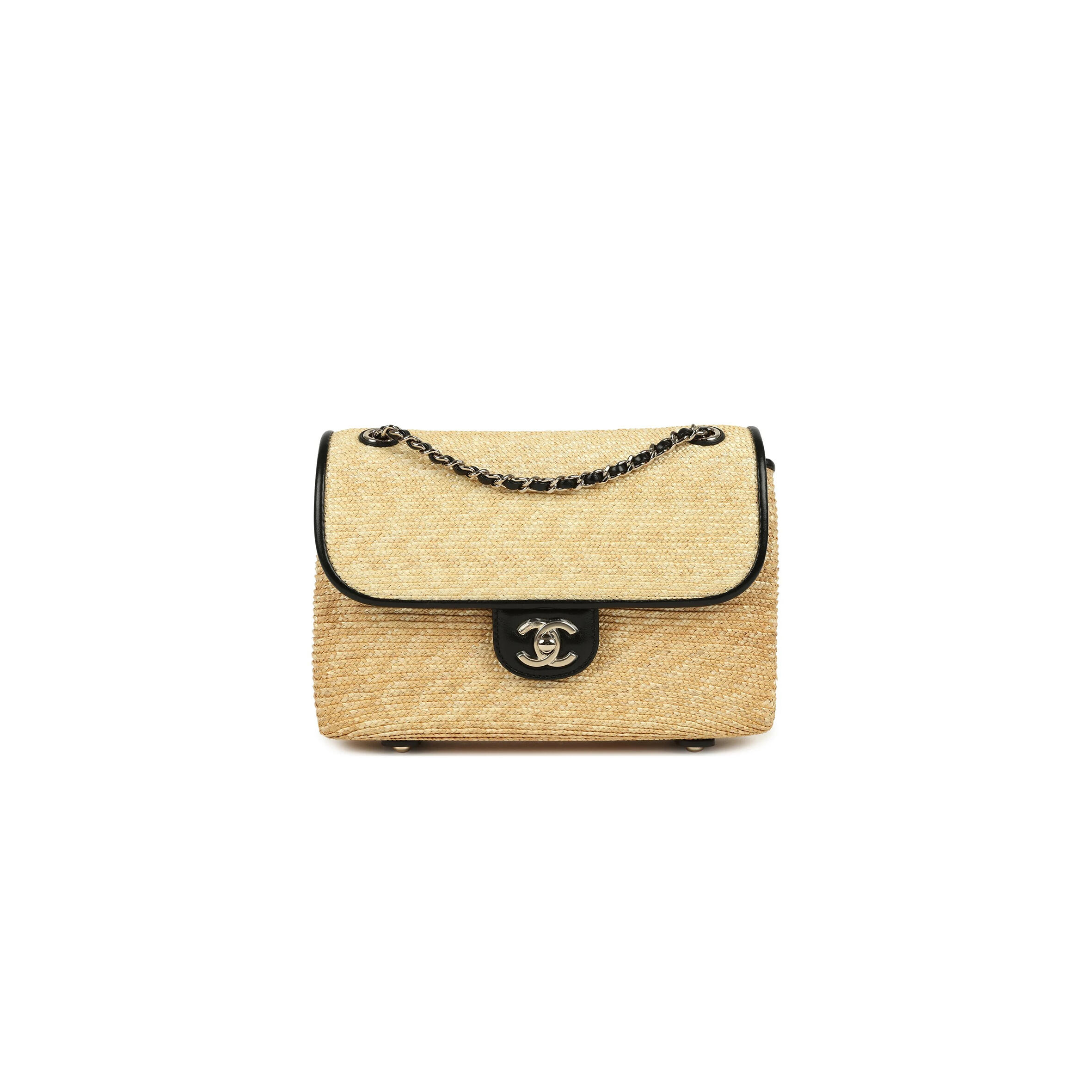 CHANEL SMALL FLAP BAG BEIGE BRAIDED RAFFIA AND BLACK LAMBSKIN LIGHT GOLD HARDWARE AS6017 (23*16*8cm)